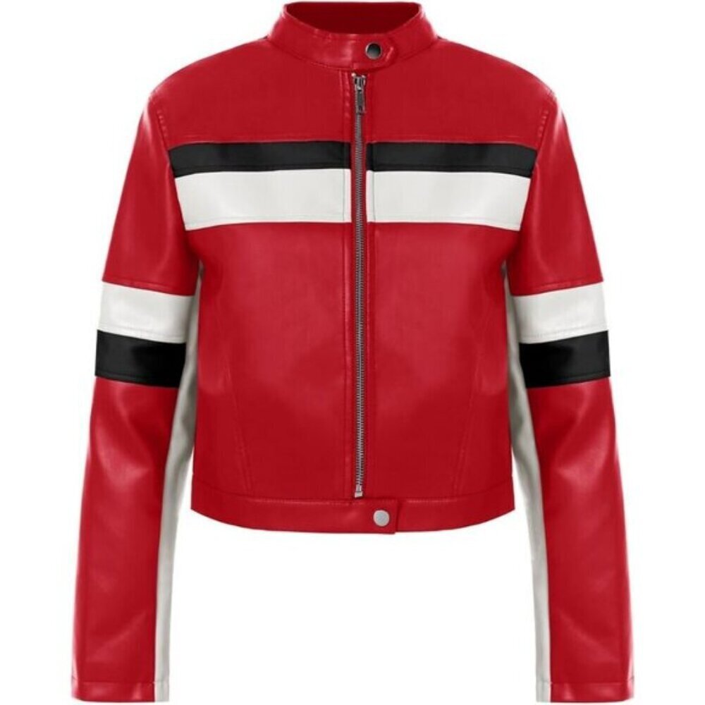 ⭐ Tankaneo Women's Cropped Faux Leather Moto Jacket Color Block Racing Coat - Picture 5 of 5